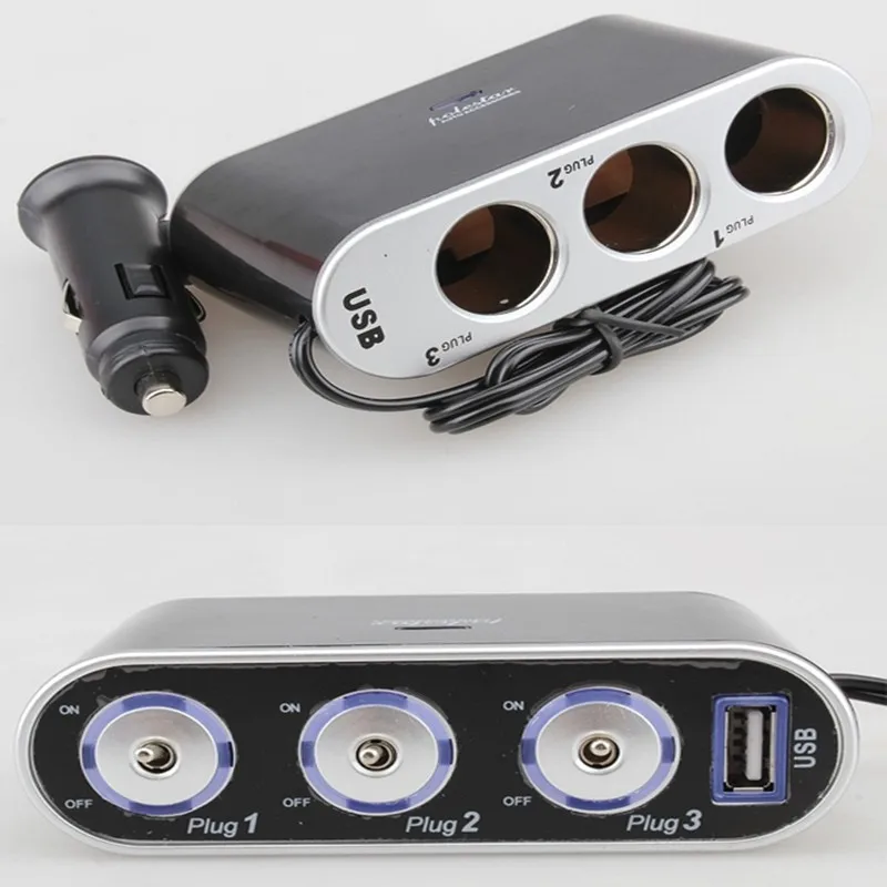 Универсальный автомобильный usb-порт 3-Way сигаретный светильник er зарядное устройство разветвитель автомобильное зарядное устройство адаптер питания розетка DC 12 В+ светодиодный светильник переключатель