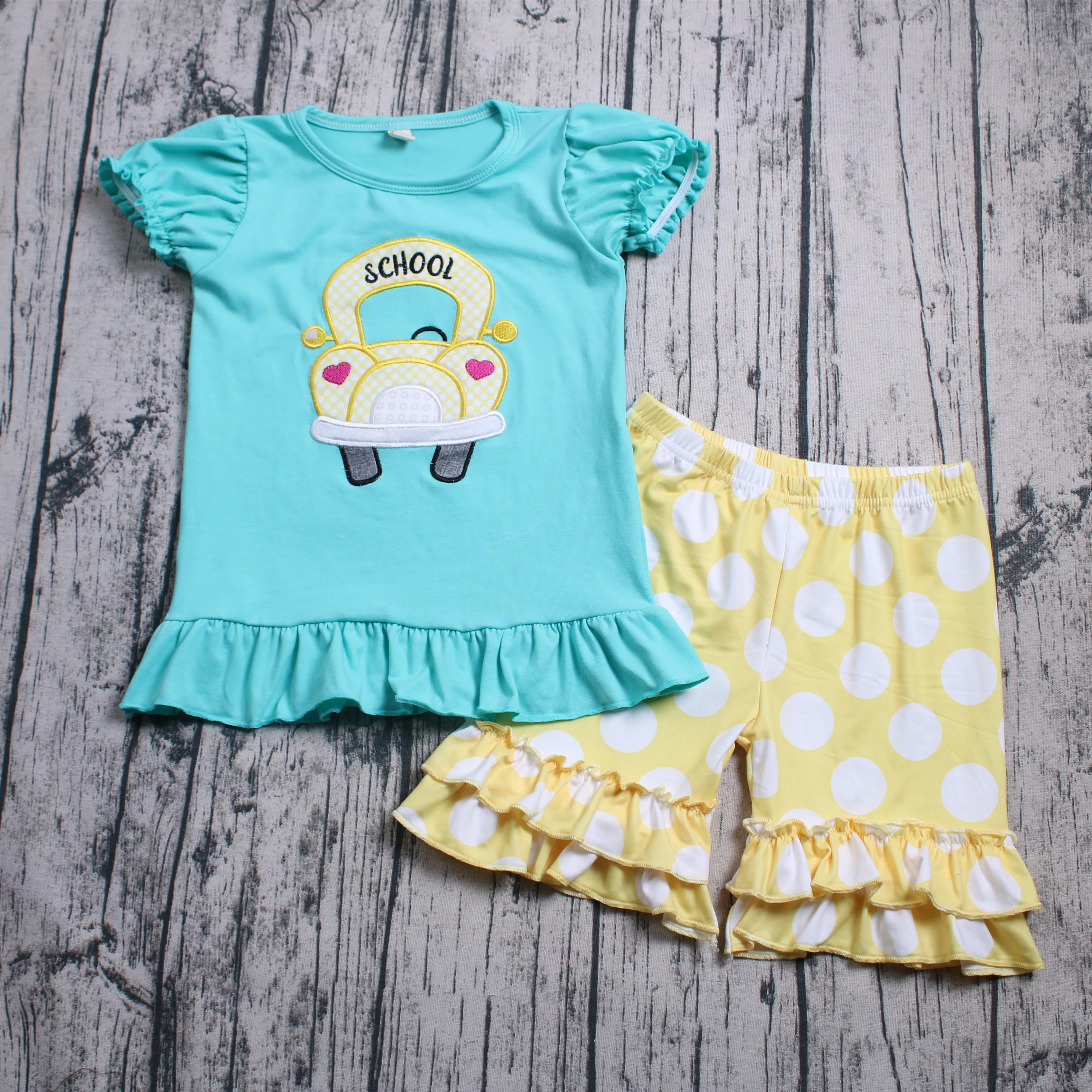 

Back To School Boutique Outfit For Kids Girl Childrens Bus Embroidery Short Sleeve Top and Shorts Clothing Set