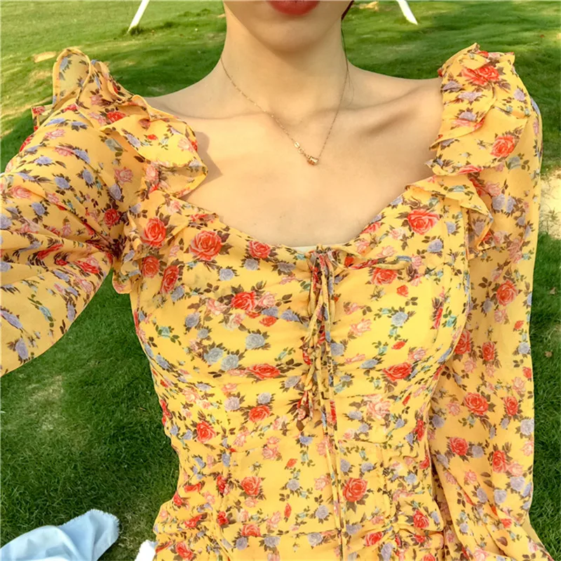 2019 летнее Новое гофрированное цветочное легкое шифоновое платье с v-образным