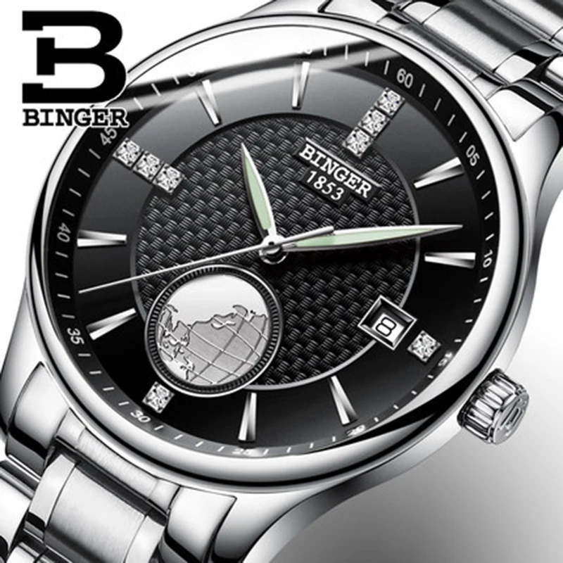 

Оригинальные швейцарские мужские водонепроницаемые механические часы BINGER из нержавеющей стали с черным циферблатом автоматические часы ...
