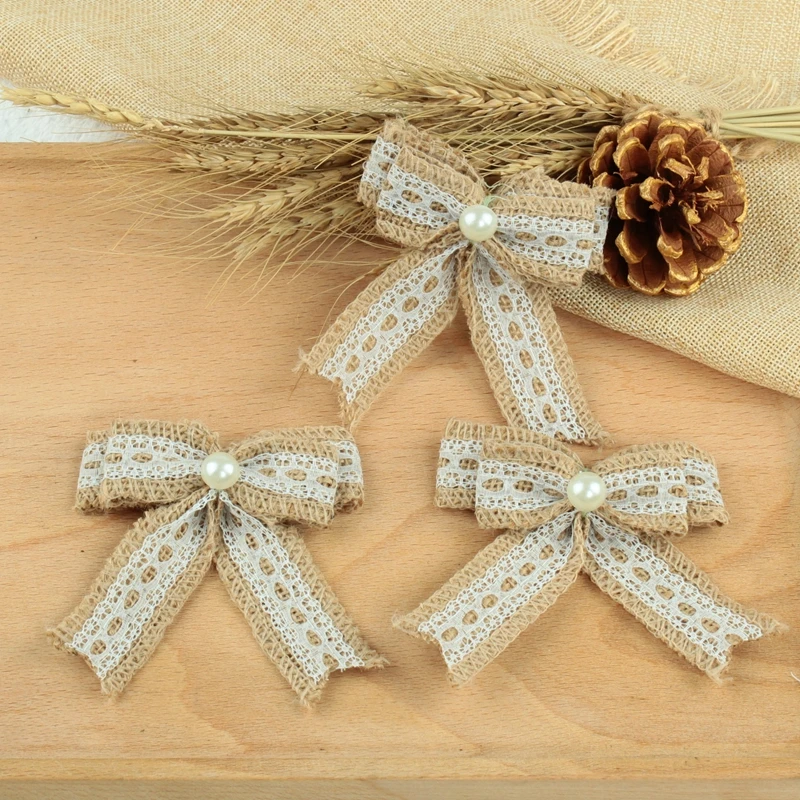 

10pcs handmade Jute Burlap Hessian Bowknot Bows with lace DIY Rustic Wedding decoration supplier christmas tree new year favor