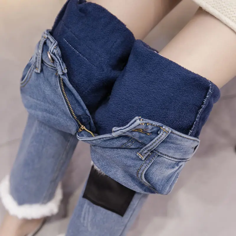 Blue plus velvet Осень Зима Высокая талия джинсы женские винтажные плюс бархатные тонкие теплые джинсы женские Лоскутные Большие размеры женские джинсы Q990 - Цвет: Blue plus velvet