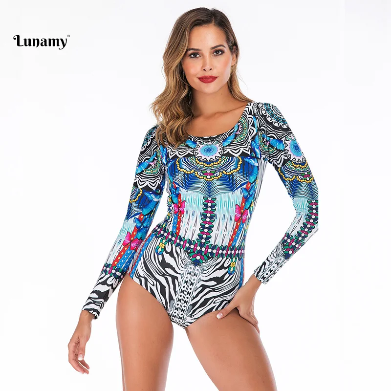 Lunamy, винтажный Цельный купальник с принтом, слитный купальник, Maillot De Bain Femme, сексуальный купальник на молнии спереди, женский купальник