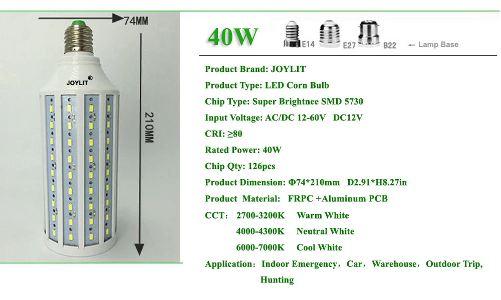 10pcs DC 12V AC/DC 12-60V 6000k 7w 10w 15w 20W 30W 40W 60W E27 36V smd 5730 light led corn bulbs warm/cool white