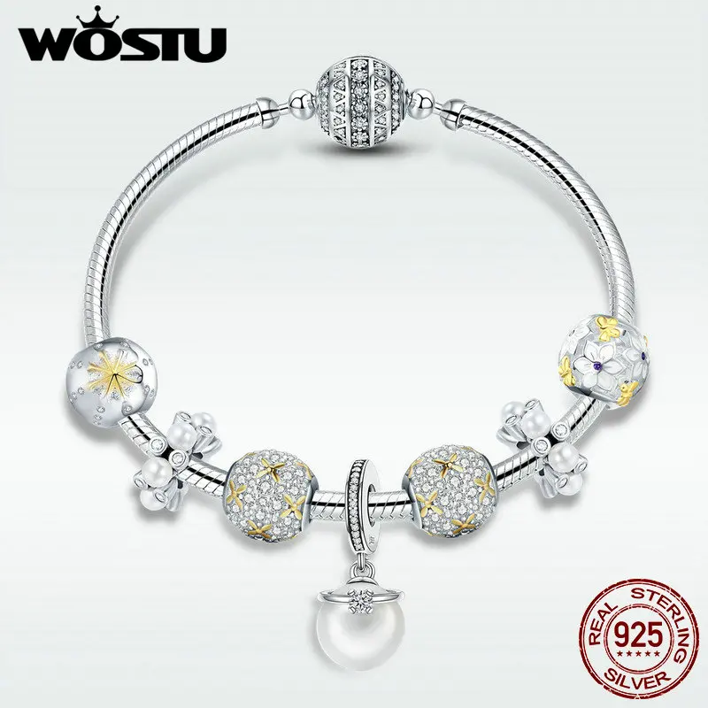 WOSTU подлинный 925 пробы Серебряный ослепительный полный цветение ромашка браслет