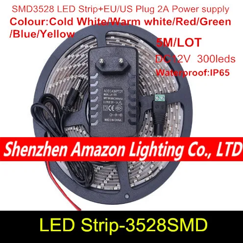 

IP65 Waterproof 5M 3528 Cold White/Warm white/Red/Green/Blue/Yellow 300Led SMD Flexible Light Strip+12V 2A Power Supply