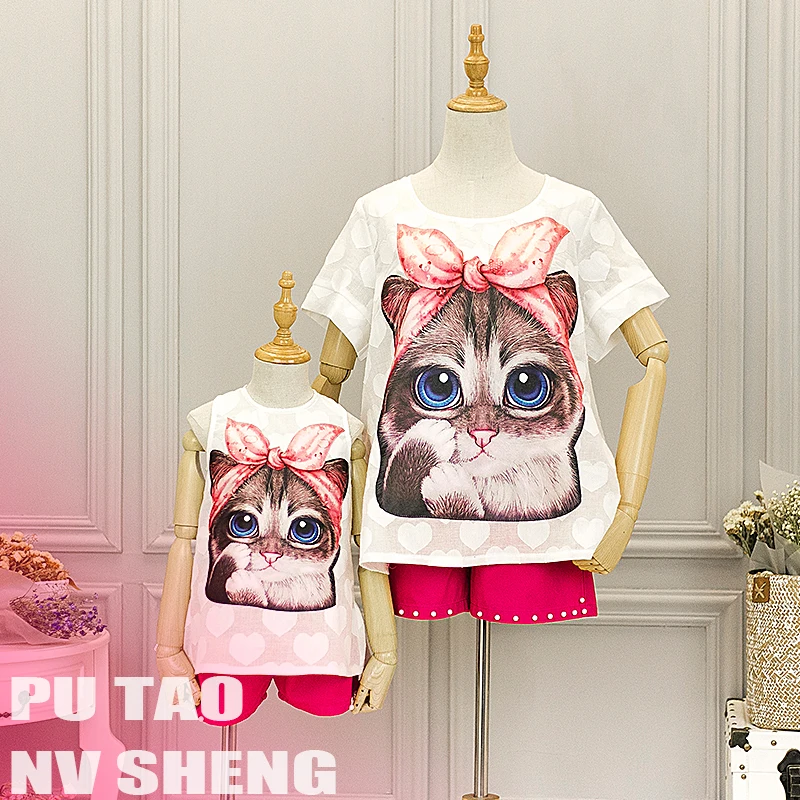 Plus Size Family Matching T Shirts+pants Mommy and Me Mother Daughter Clothes Sets Suit Look Pajamas Cat Print Clothing | Мать и ребенок