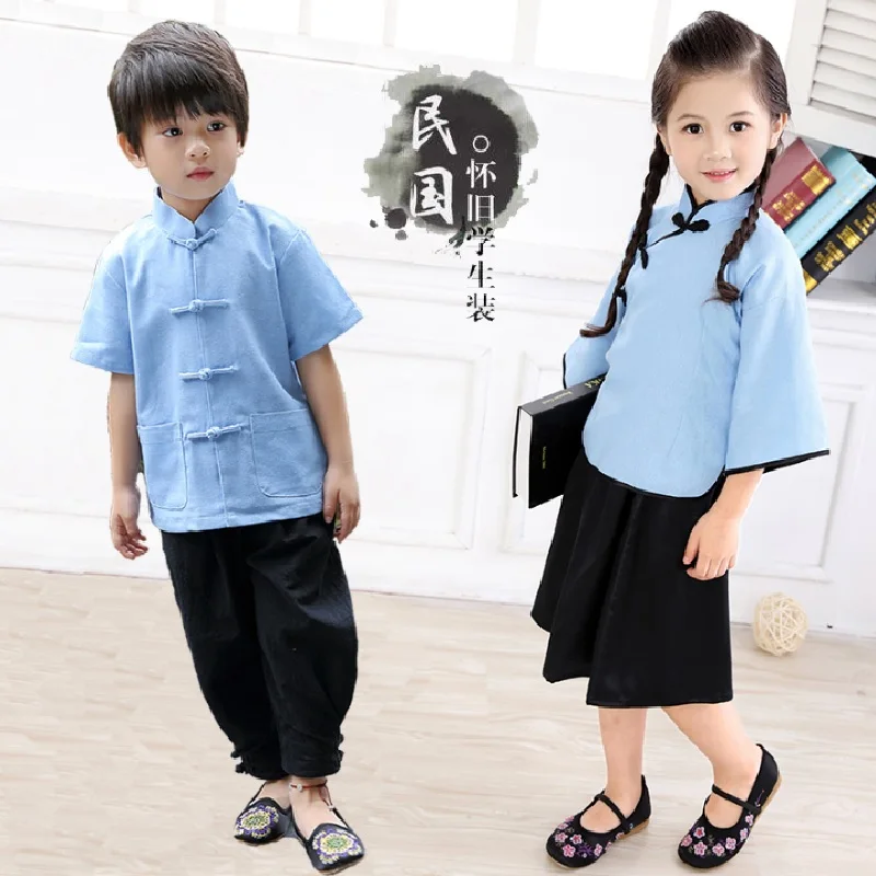 Традиционный китайский детский комплект одежды Тан Однотонная футболка для