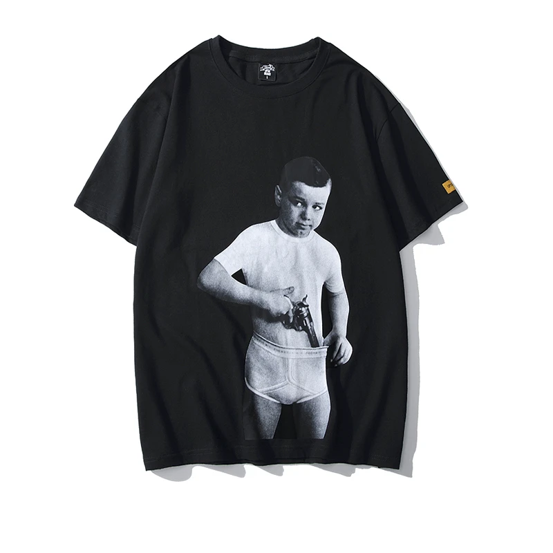 Черный Bebovizi Fashion Retro Gun Boy Print T Shirt Men Hip Hop Streetwear Funny Tee Shirts Summer Casual Loose T-Shirt - Цвет: Черный