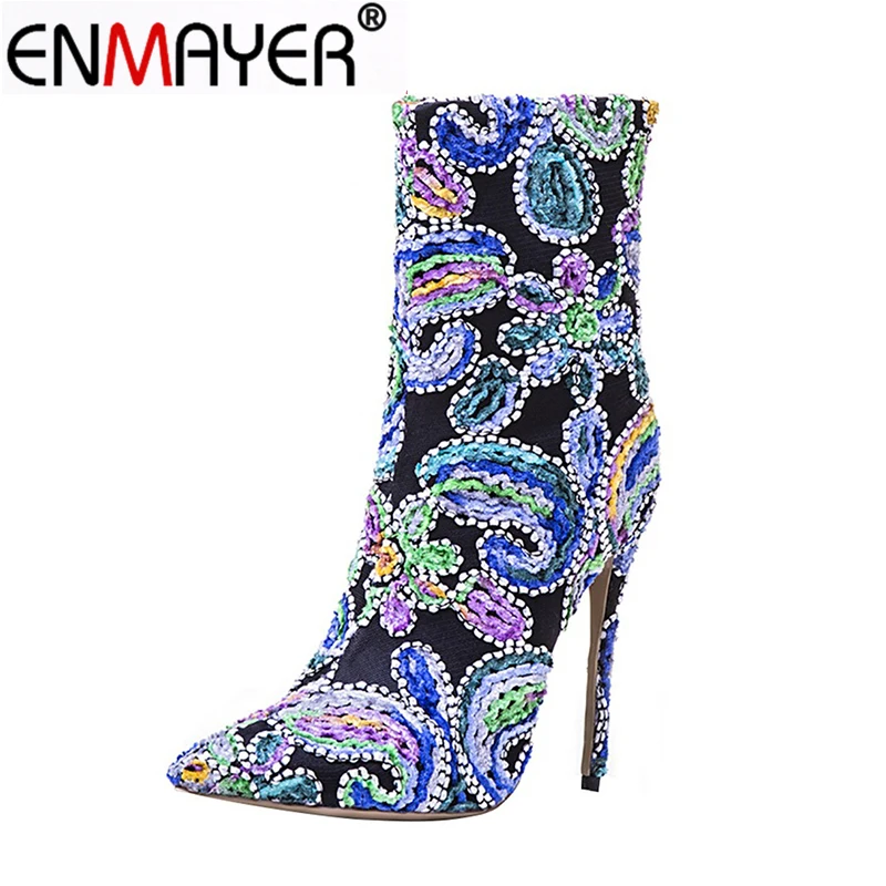 

ENMAYER Women Winter Boots StillettoPointed Toe Zippers Retro Mid-Calf Embroider Extreme High Heels Pumps Plus Size 34-43