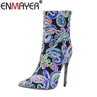 enmayer women winter boots stillettopointed toe zippers retro mid calf embroider extreme high heels pumps plus size 34 43