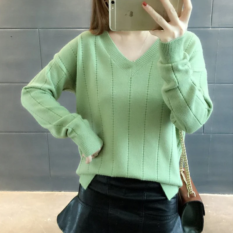 OHRYIYIE Soft V-Neck Sweaters and Pullovers for Women 2021 Autumn Winter Elastic Knitted Sweater Female Jumper Femme Basic Tops | Женская
