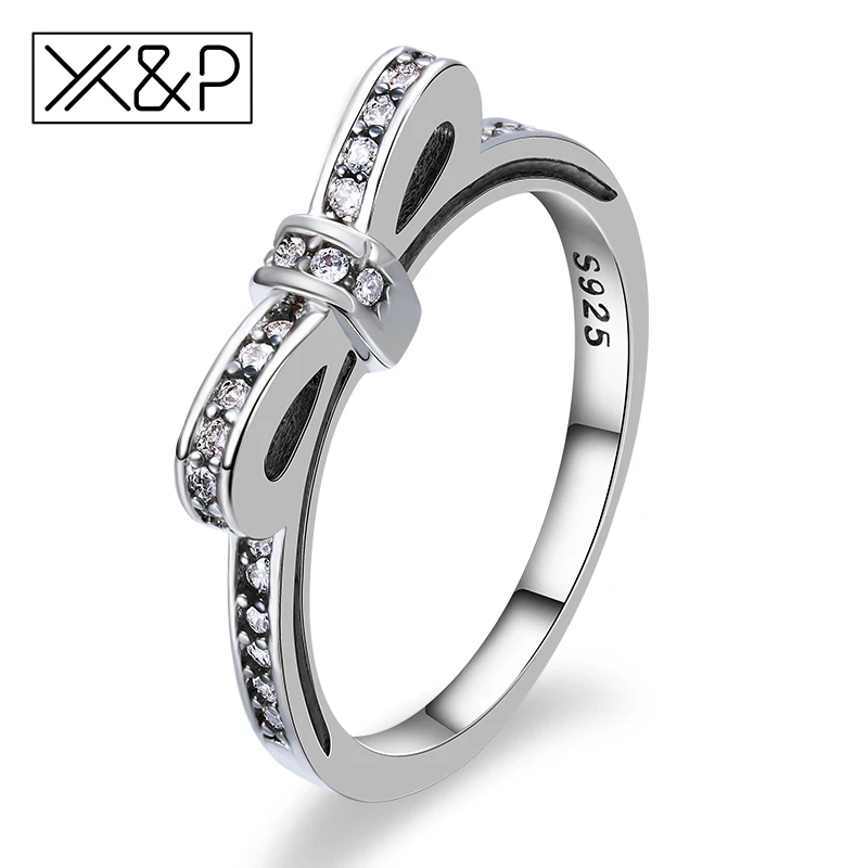 X & P модное милое корейское кольцо с бантиком украшенное серебряными кристаллами