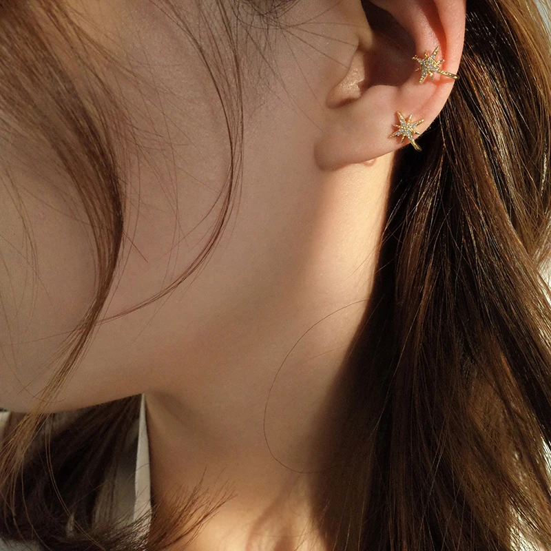 Peri'sBox Delicate Starburst Fake Ear Cuff Earrings for Women No Piercing Cz Star Clip Helix Boucles d oreille | Украшения и