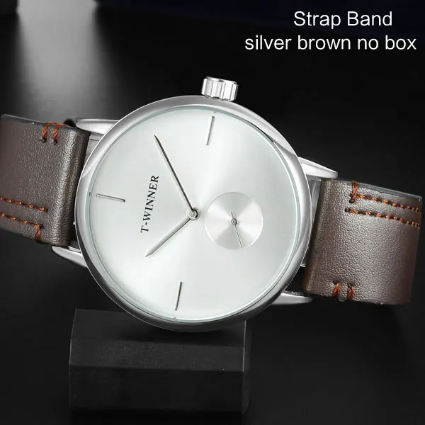 P silver brown T-WINNER, мужские механические часы, победитель, Лидирующий бренд, ручная работа, нержавеющая сталь, кожаный ремешок, Forsining, простые мужские водонепроницаемые часы - Цвет: P silver brown