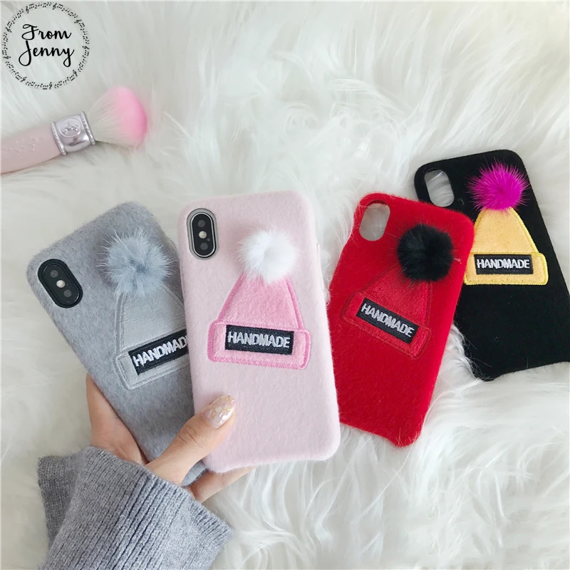 От Jenny 2018 зимняя теплая шапка для телефона чехол iPhone 6 7 8 10 7plus 8plus 6s X мягкая ткань