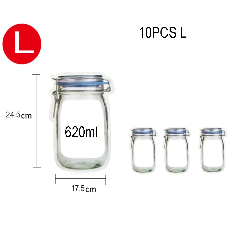 10 шт./партия органайзер для кухонных гаджетов Mason Jar с узором для хранения продуктов, сумки для хранения свежих пищевых закусок, сумка на молнии, кухонные аксессуары - Цвет: 10PCS L Blue