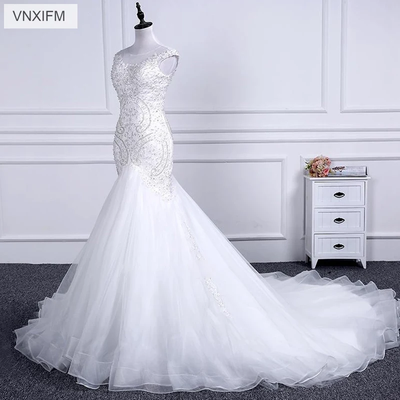 VNXIFM 2019 Luxury Beading Crystals Mermaid Wedding Dresses Sexy Sleeveless Appliques Ruched Long Bride Gowns | Свадьбы и торжества