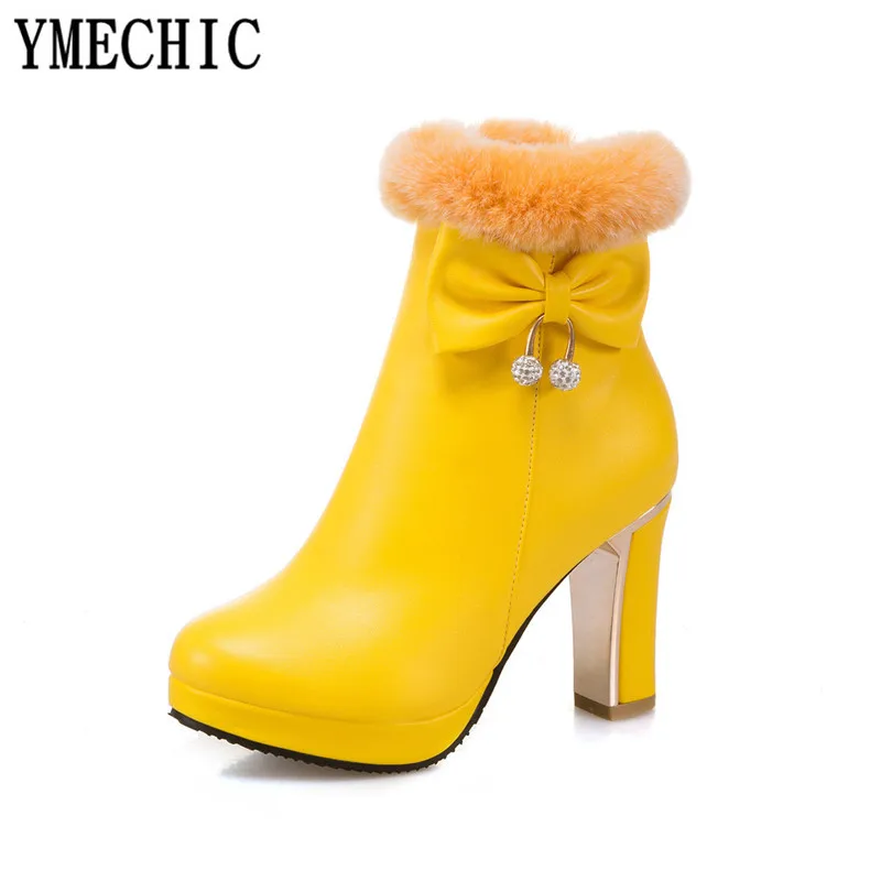 YMECHIC/модные женские свадебные туфли в стиле Лолиты на высоком каблуке; цвет белый, желтый; женские зимние ботильоны на меху, стразы, бант-бабочка