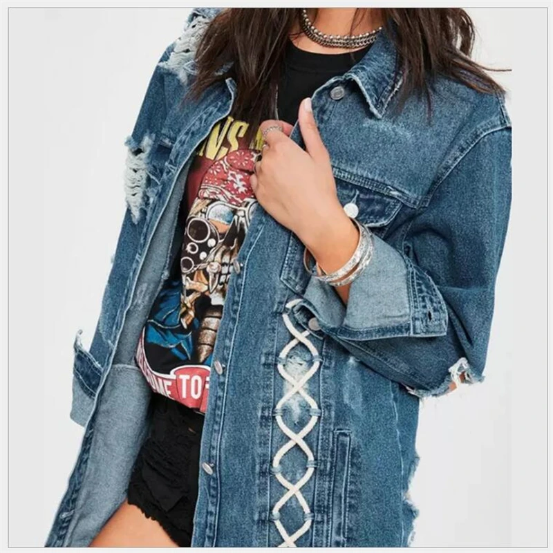 

2019 Denim Jackets Women Hole Boyfriend Style Long Sleeve Jean jacket Denim Loose Spring Autumn Denim Coat Jean K246