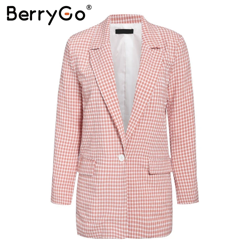 BerryGo Повседневный офисный женский розовый клетчатый блейзер с длинным рукавом и карманами, женские пальто на одной пуговице, модная верхняя одежда, шикарные топы, блейзер