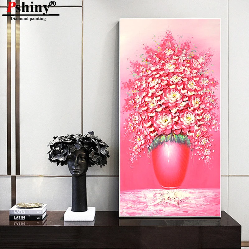 PSHINY DIY 5D Вышивка с бриллиантами продажа розовая ваза цветы картины из кристаллов