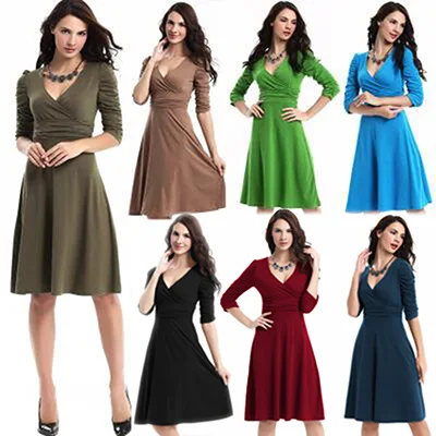 Женское платье с высокой талией осеннее длинным рукавом и глубоким треугольным