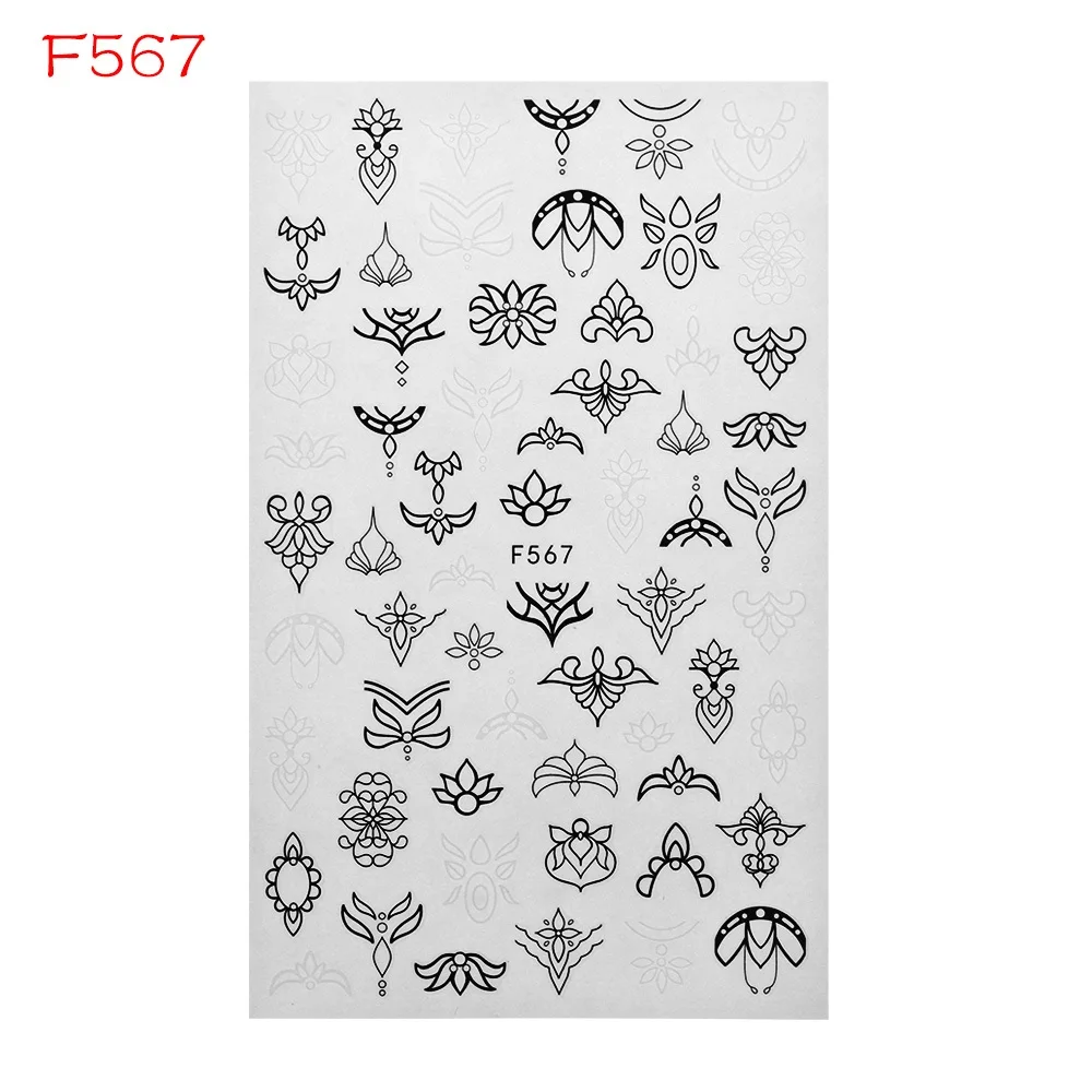 F567 1 шт., черно-белые наклейки для ногтей, 3D наклейки, бабочки, цветы, листья, геометрические рисунки, слайдеры, тату, маникюрные украшения - Цвет: F567