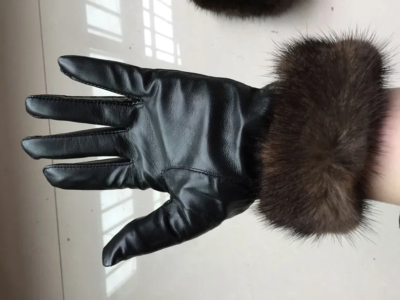 Зимние теплые однотонные Guantes высокое качество овчины черный натуральная кожа перчатки для женщин наручные норки мех Luvas