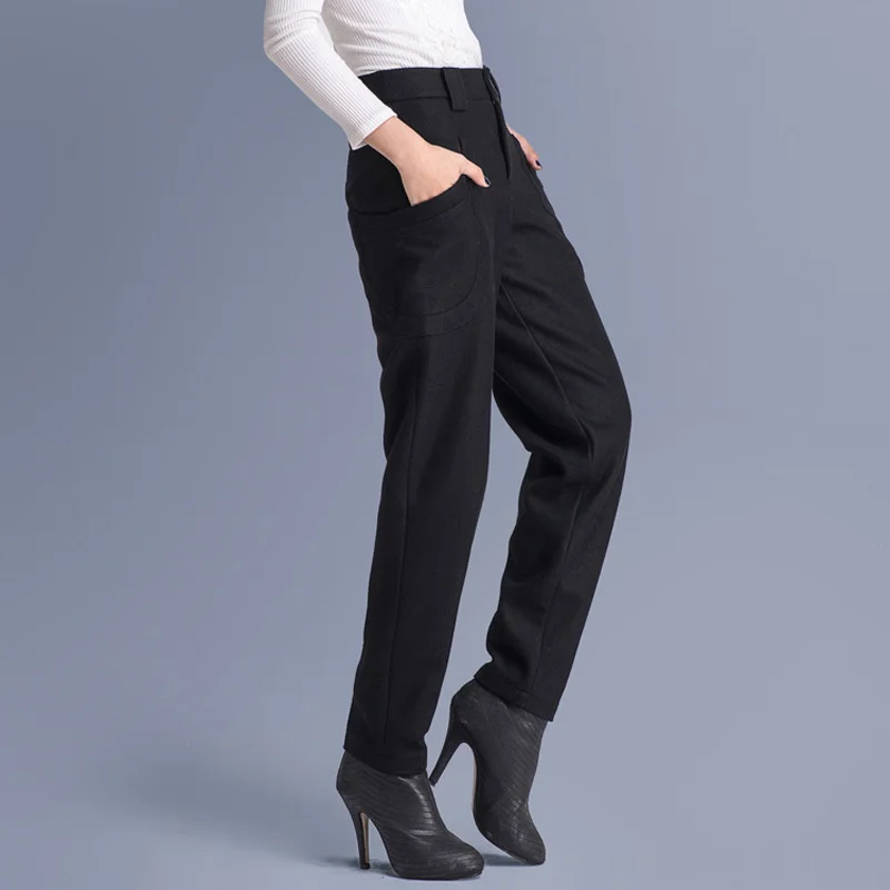 WQJGR 2021 News Winter Wool Haren Pants Woman High Waist Gray and Black Plus Size Long Trousers