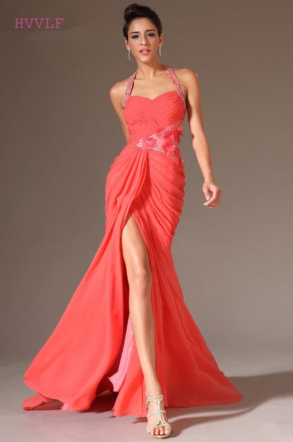

Fuchsia Evening Dresses Mermaid Halter Chiffon Beaded Flowers Slit Plus Size Long Evening Gown Prom Dresses Robe De Soiree