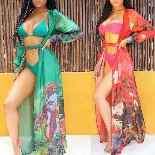 Для женщин летние макси цветочные кимоно кардиган Купальник Пляж Cover Up Robe