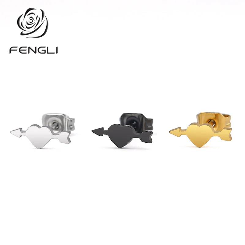 Женские простые серьги гвоздики FENGLI розовое золото геометрические с сердечками