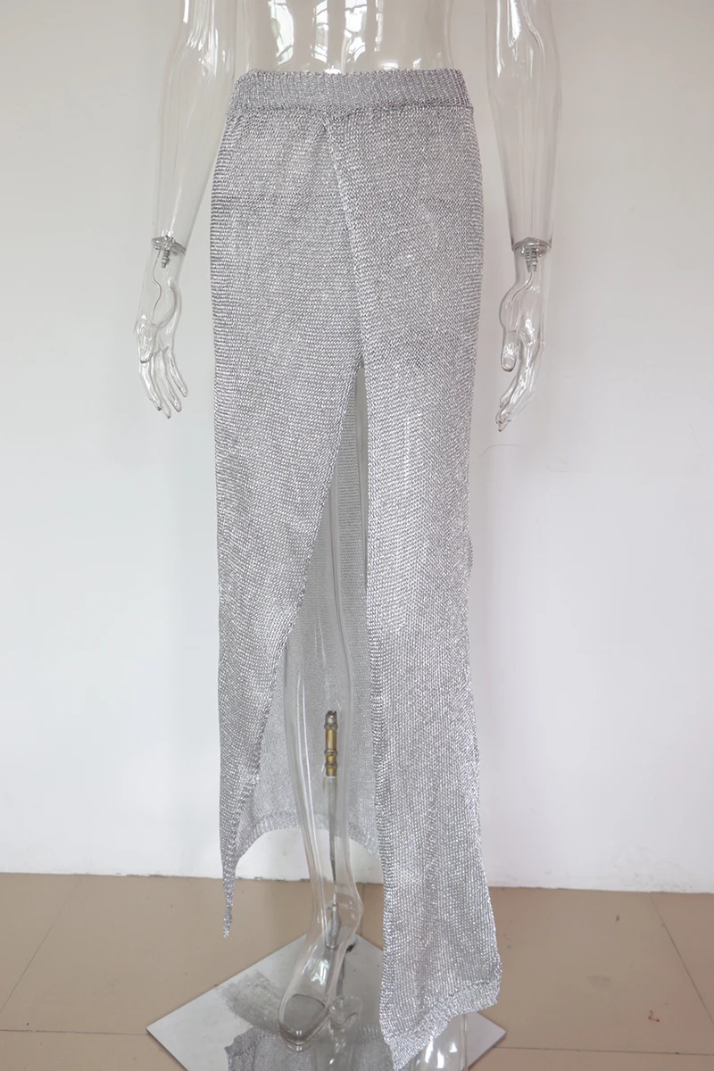 Beyprern Casual Metallic Solid Rose Gold Ankle Length Skirt New Summer Women Silver High Quality Hollow Out Beach Wear | Женская одежда