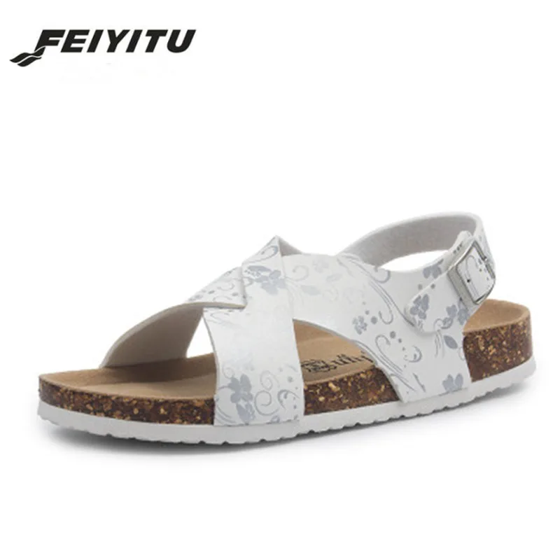 Новинка 2018 летние пляжные пробковые сандалии FeiYiTu на плоской подошве