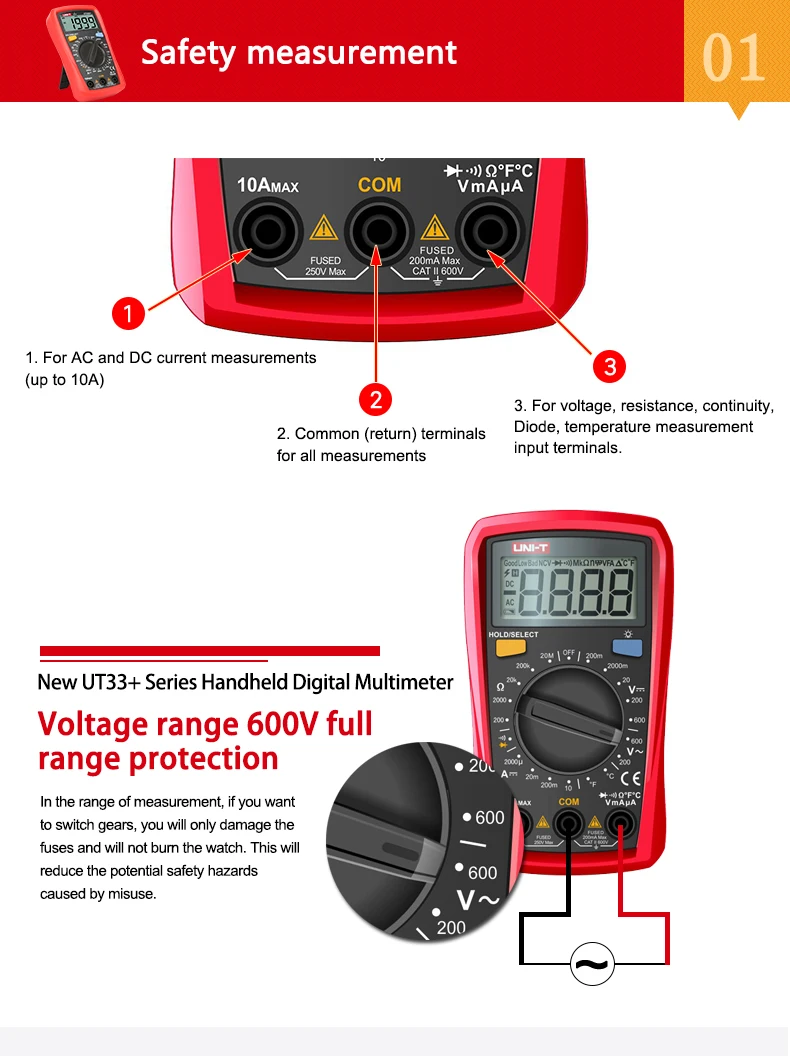 UNIT UT33B+ Mini Digital Multimeter AC DC Voltmeter Ammeter 2000 Counts Battery Test Meter Multitester Resistance ohm Tester