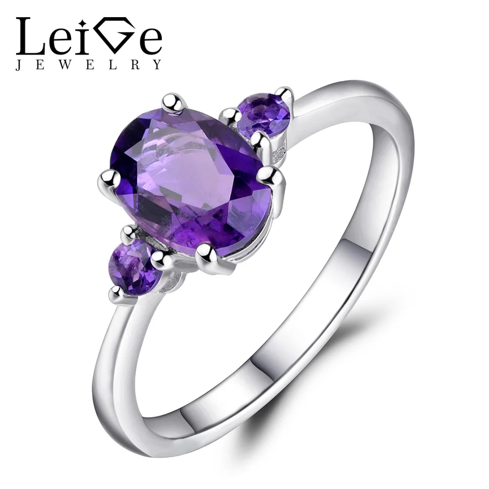 

Leige Jewelry Sterling Silver 925 Natural Oval Cut Amethyst Engagement Rings for Women Classic Anniversary Gift Gemstone Ring