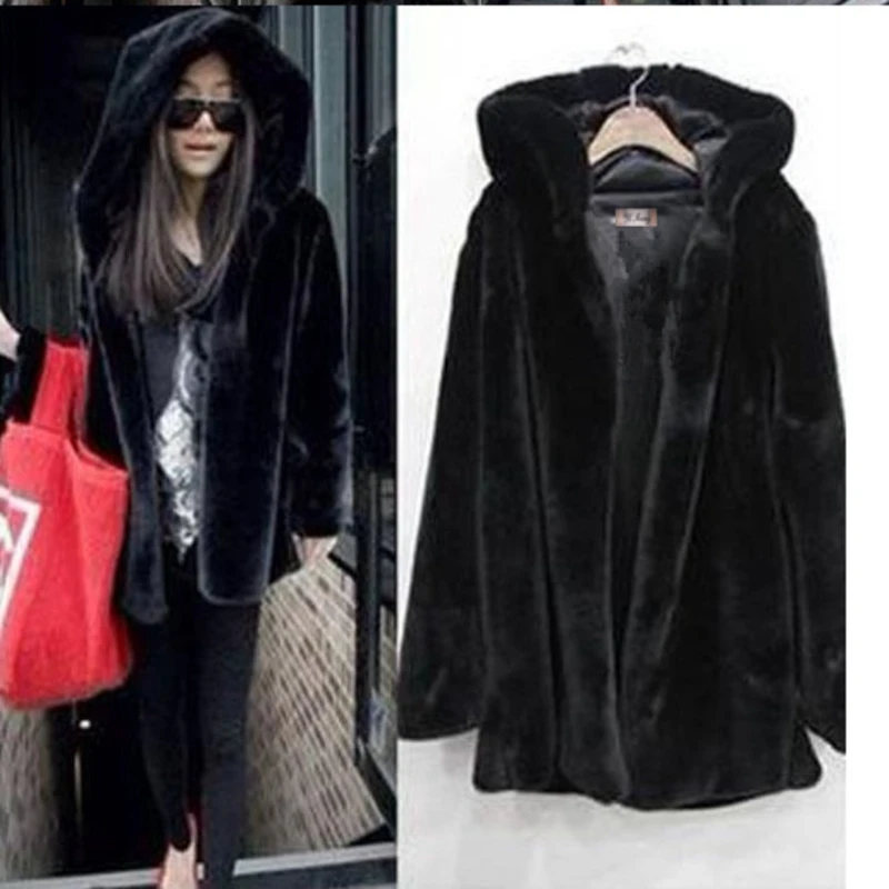

new Winter Women Hooded Faux Fur Coat Fashion Warm Long-sleeved Loose Black Coat Female Flocking Cotton Jacket Coat