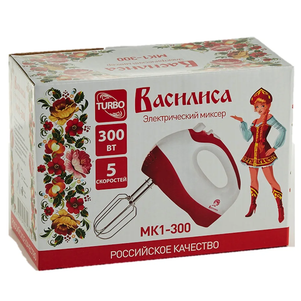 Миксер ВАСИЛИСА МК1 300 белый с синим: мощность 300Вт режим &quotТурбо&quot 5 скоростных