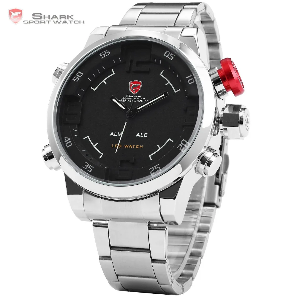 Акула Бренд Часы двойной нержавеющая сталь черный циферблат цифровой на СИД дата
