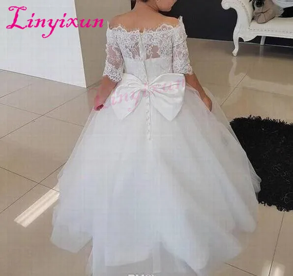 

2018 Princess Flower Girl Dresses Ball Gown Off Shoulder 1/2 Sleeve Floor Length With Lace Tulle Girls Pageant Dresses