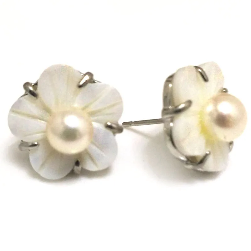 

0.5 inches 6-7mm AAA White Button Pearl Natural Shell Flower 925 Silver Stud Earring