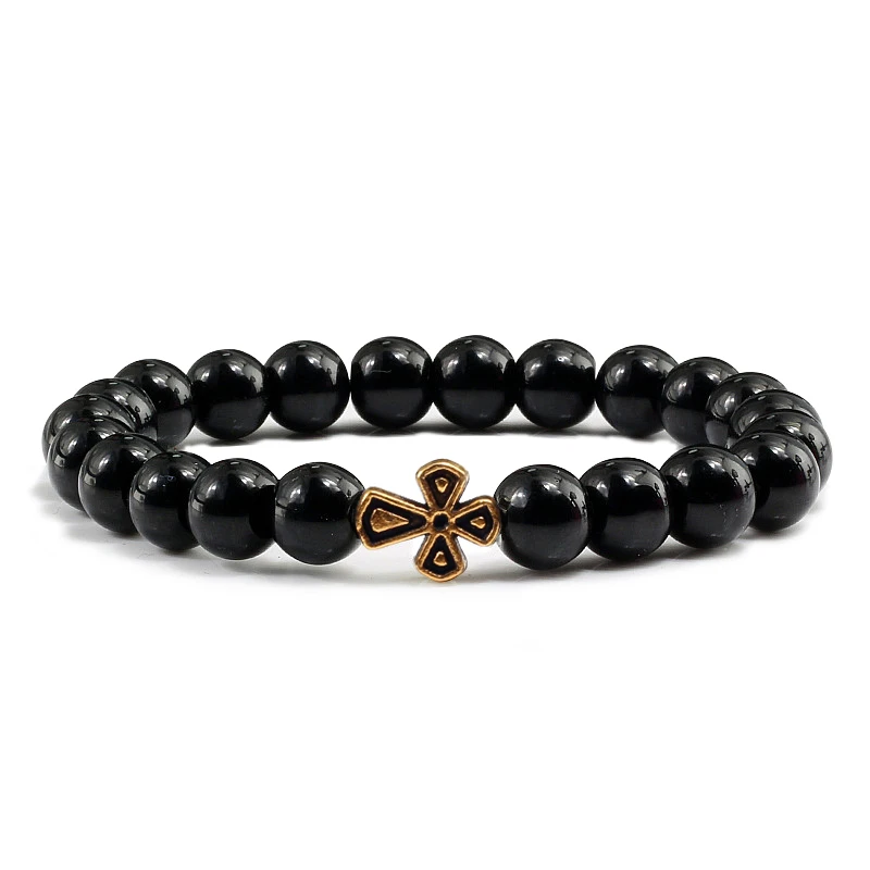 Bright Black Модный черный вулканический Лава бисер мужской браслет Шарм Золотой крест натуральный камень браслеты для женщин для медитации и молитвы браслеты ювелирные изделия - Окраска металла: Bright Black