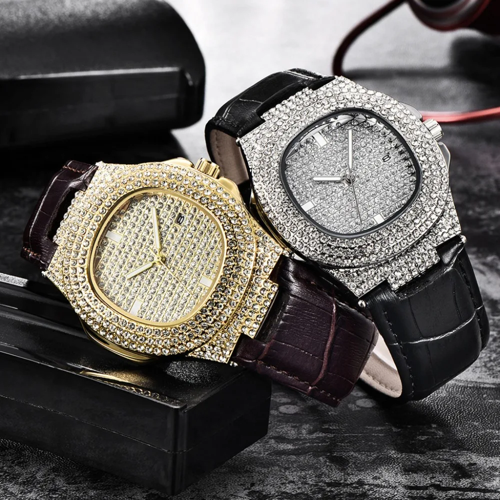 Мужские наручные часы сверкающие полностью Стразы кварцевые Iced Out золотые