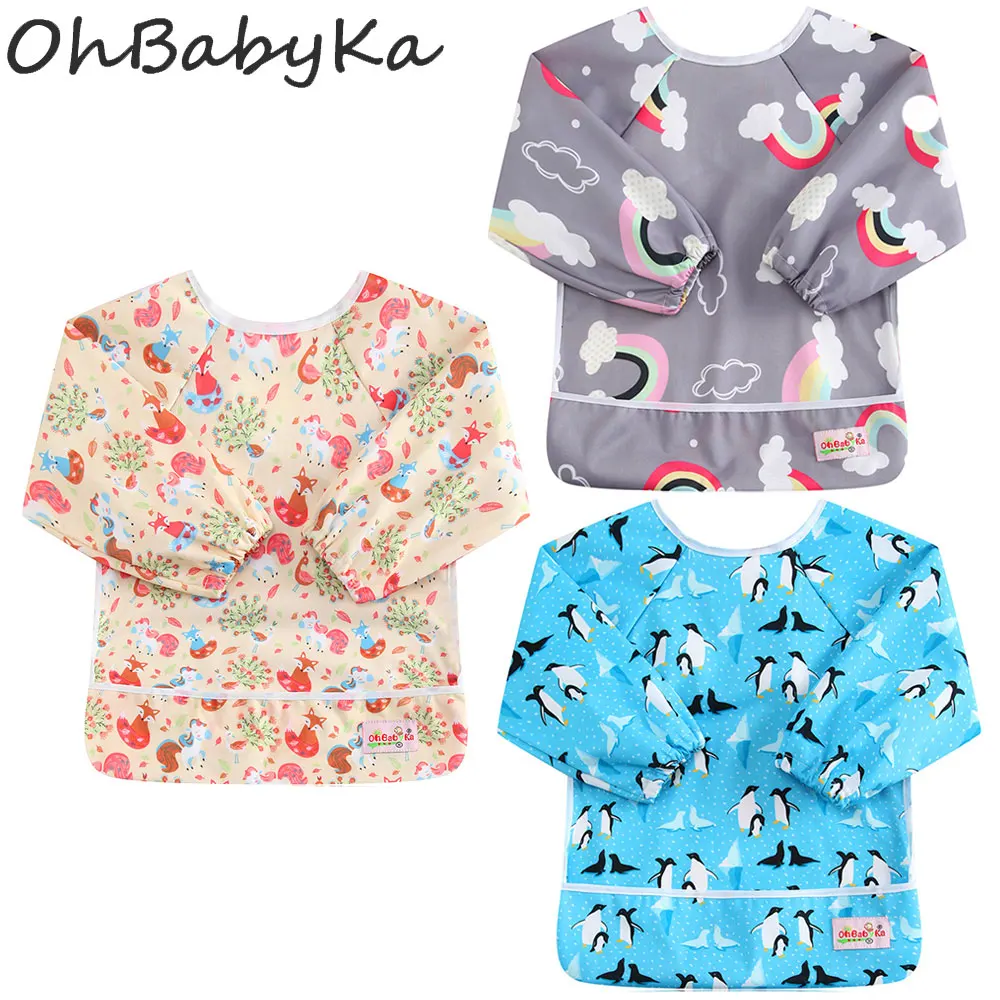 Ohbabyka 3 шт Детские нагрудники с рукавом водонепроницаемые карманные нагрудники для кормления унисекс аксессуары для кормления для детского душа 6-24 месяцев