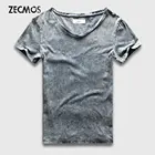 Футболка мужская уличная с V-образным вырезом, облегающая хлопковая, с мраморным принтом