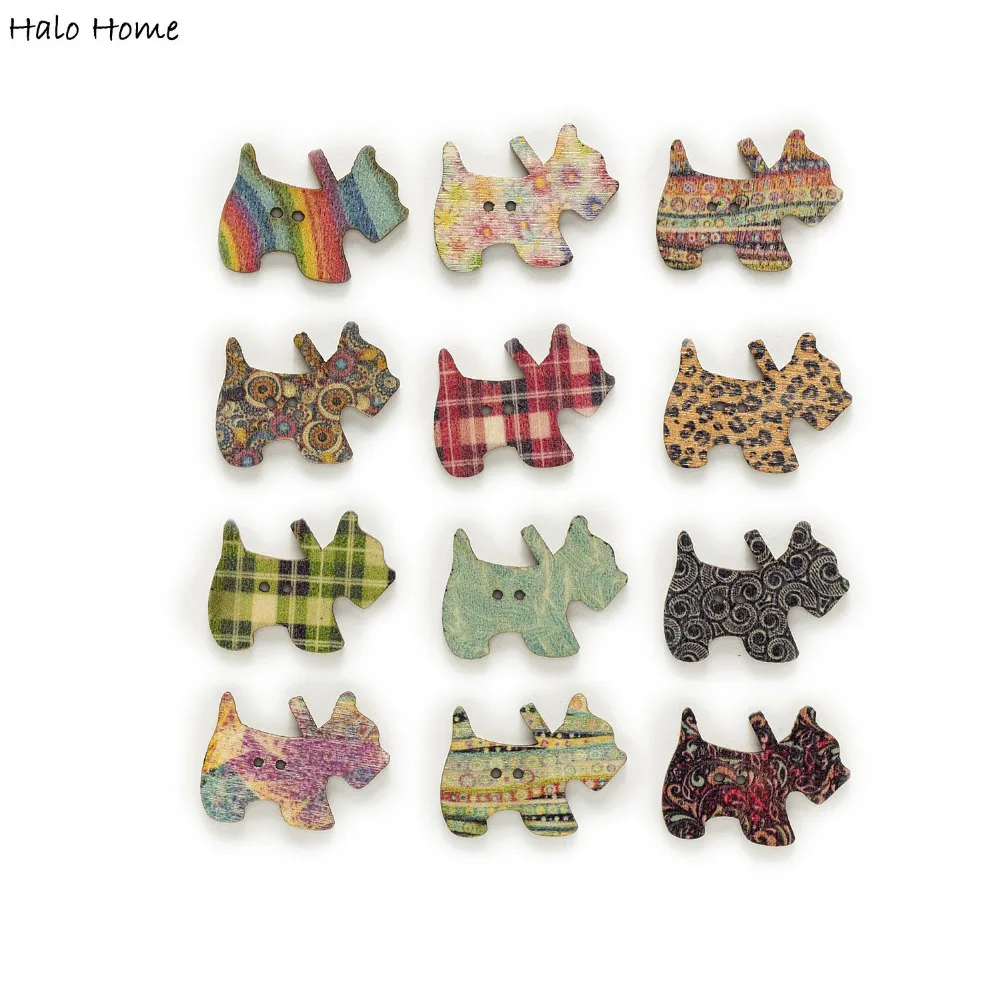 30 pcs 2 Style pattern 2 Hole Mixed Dog Wood Buttons Home Decor Clothing Crafts Sewing Scrapbooking 29x21mm