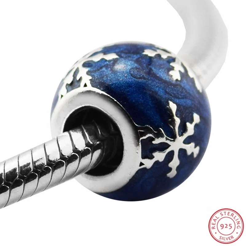 Идеальный Снежинка бусины покрыты темно синей эмалью DIY Fit PANDORA Подвески Серебро