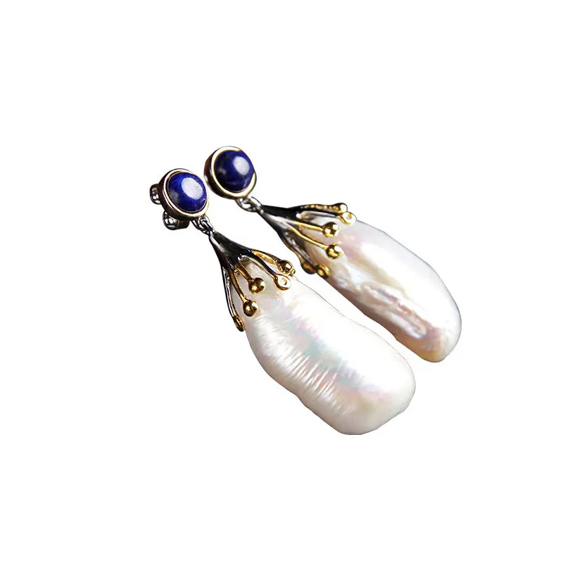 RADHORS Earring Genuine 925 Sterling Silver inlay 100% Natural Baroque pearl lapis earring Female luxurious Jewelry | Украшения и