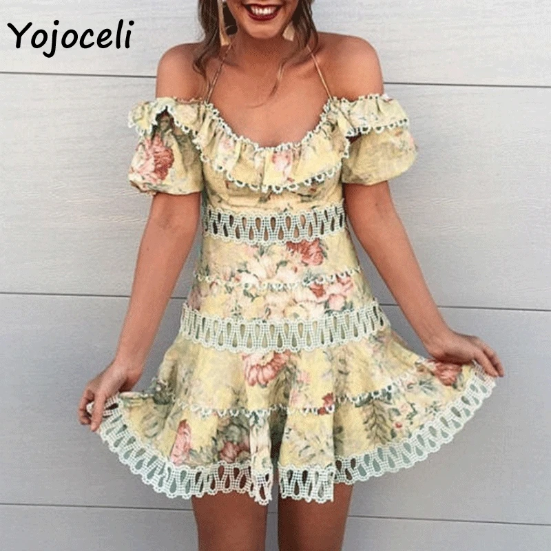 Женское жаккардовое кружевное платье Yojoceli ажурное мини с открытыми плечами